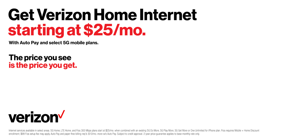 Get Verizon Home Internet as low as $25/ month