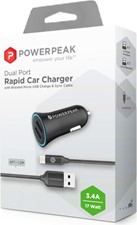 PowerPeak Dual Port Rapid Car Charger with Braided Micro USB Charge &amp; Sync Cable (3.4 Amps)