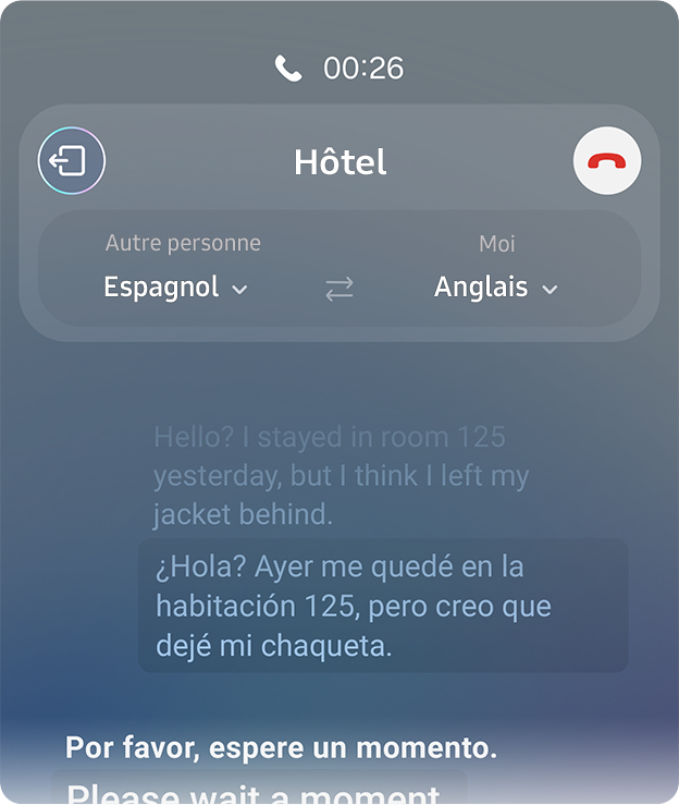 Un appel téléphonique est traduit en temps réel. Le dialogue est affiché à l’écran sous forme de conversation texte en deux langues.