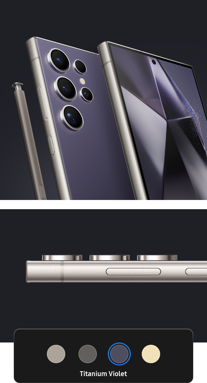 Three Galaxy S24 Ultra devices in Titanium Violet. Two are shown together, one seen from the front and one from the rear with the S Pen beside it. Another phone is seen from the side to show the frame's edges..