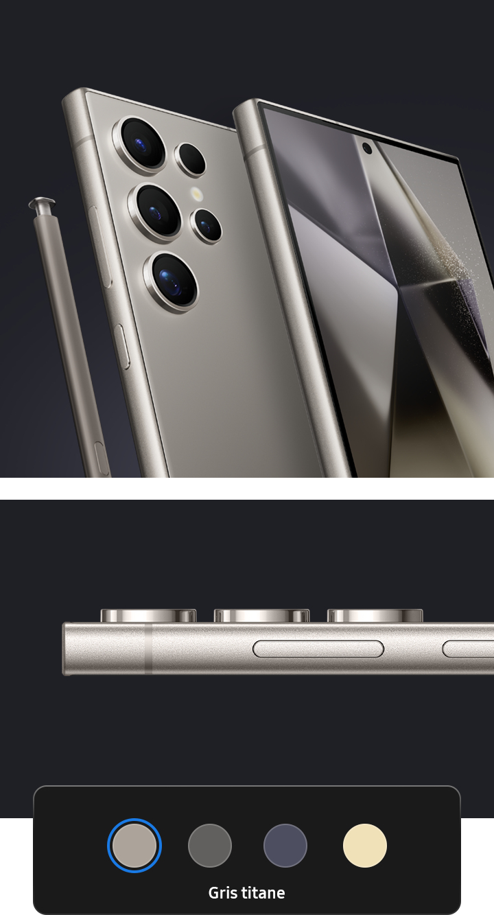 Trois appareils Galaxy S24 Ultra en gris titane. Deux sont montrés ensemble, l’un vu de l’avant et l’autre de l’arrière avec le stylet S Pen à côté. Un autre téléphone est vu de côté pour montrer les bords du cadre.