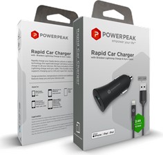 PowerPeak Rapid Vehicle Charger with Braided Lightning Charge &amp; Sync Cable (2.4 Amps)