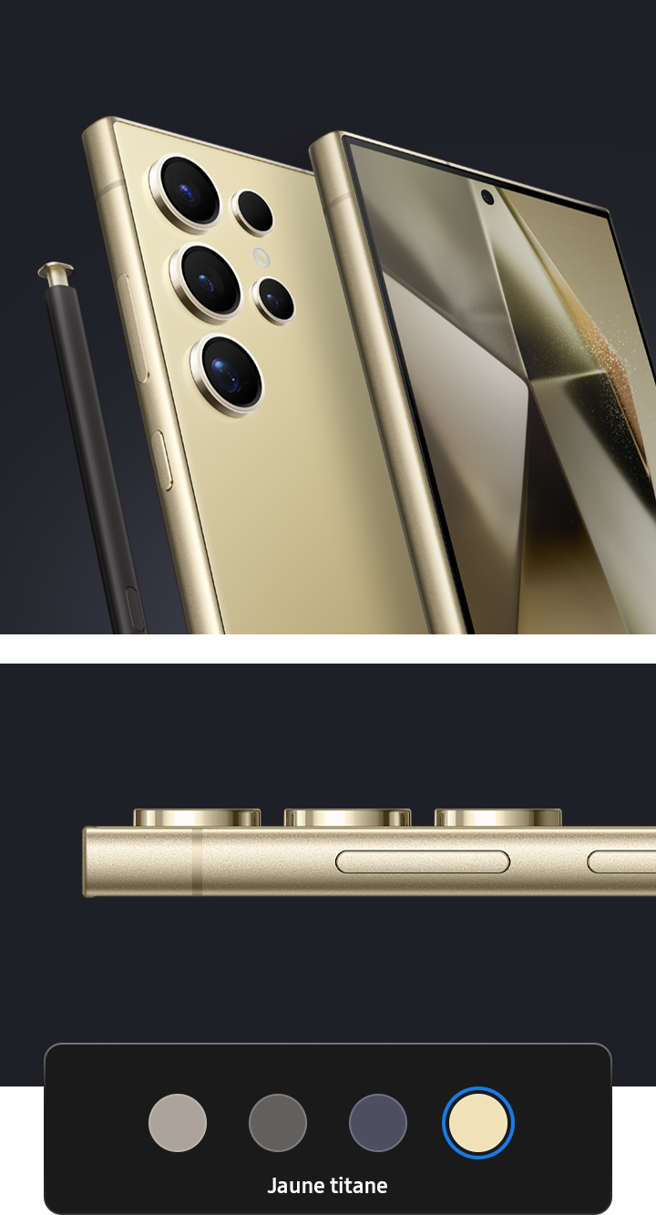 Trois appareils Galaxy S24 Ultra en jaune titane. Deux sont montrés ensemble, l’un vu de l’avant et l’autre de l’arrière avec le stylet S Pen à côté. Un autre téléphone est vu de côté pour montrer les bords du cadre.