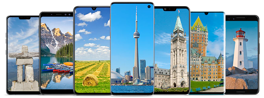 A set of 7 smartphones showcasing different landscapes from across Canada