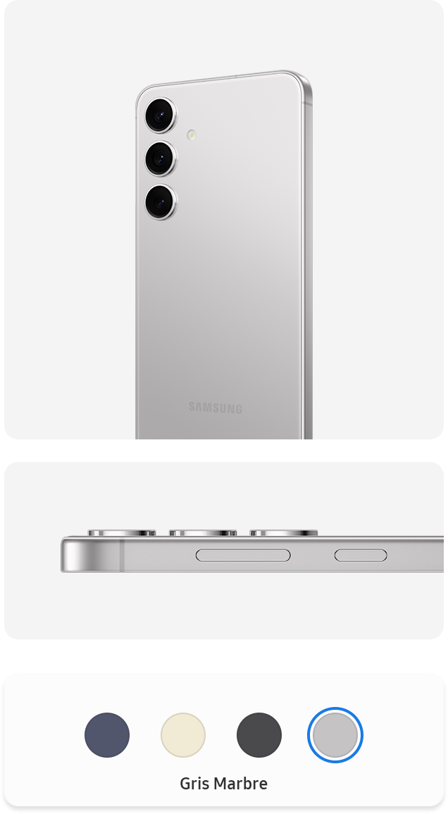 Deux appareils de la gamme Galaxy S24 en Gris marbre. L’un est debout et vu de l’arrière. L’autre téléphone est vu de côté pour montrer les bords du cadre.