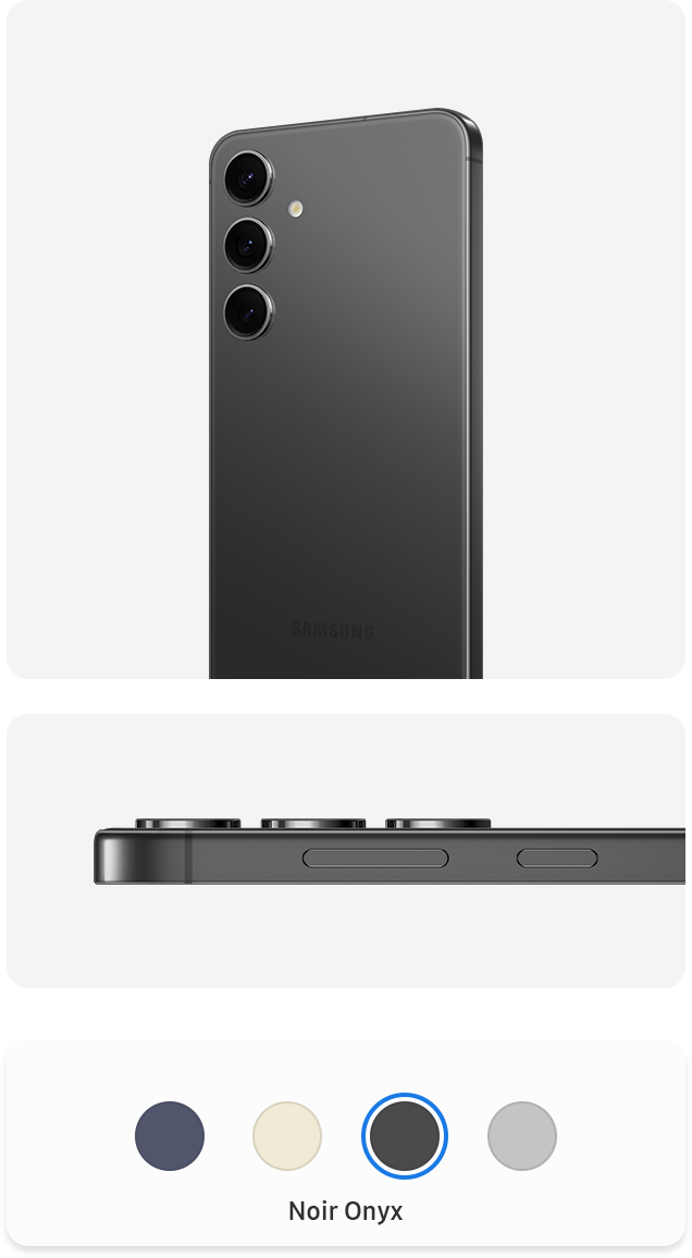 Deux appareils de la gamme Galaxy S24 en Noir onyx. L’un est debout et vu de l’arrière. L’autre téléphone est vu de côté pour montrer les bords du cadre..