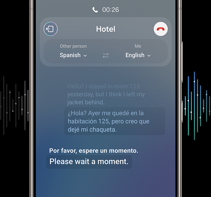 A phone call is translated in real time. The dialogue is shown on screen as a text conversation in two languages.