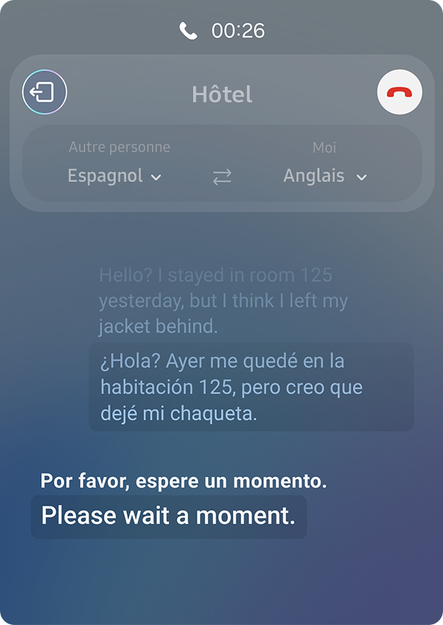 Un appel téléphonique est interprété en temps réel. Le dialogue est affiché à l’écran sous forme de conversation texte en deux langues.