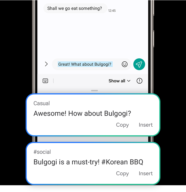A draft text message is written into the send bar. `Great! What about bulgogi?` Alternative phrasing is suggested in different tones. Casual tone says, `Awesome! How about bulgogi?` Social tone says, `Bulgogi is a must-try! Hashtag Korean BBQ`