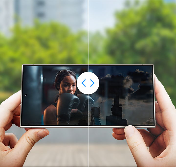 La visibilité claire de la vidéo est représentée dans une comparaison de style avant et après sur un écran Galaxy S24 Ultra. L’appareil est tenu à l’extérieur à la lumière du jour et une vidéo est diffusée à l’écran.