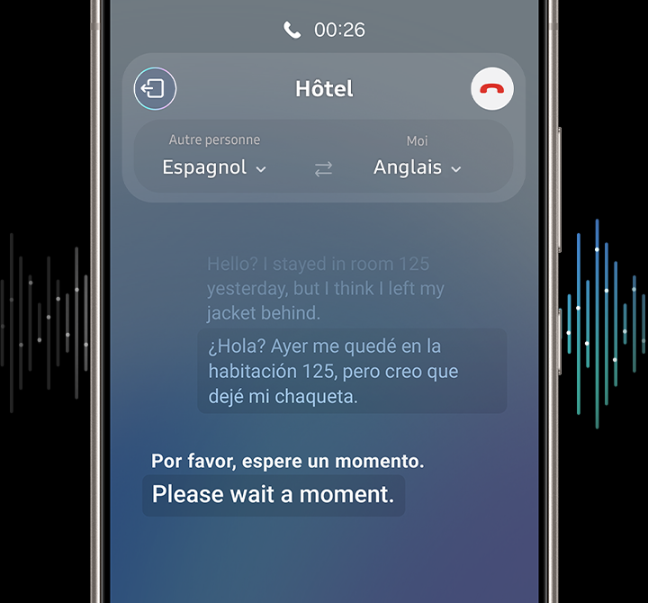 Un appel téléphonique est traduit en temps réel. Le dialogue est affiché à l’écran sous forme de conversation texte en deux langues.