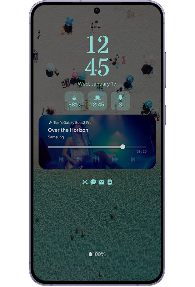 A lock screen dims to an Always On Display with weather, time and alarm widgets with a music player control panel.
