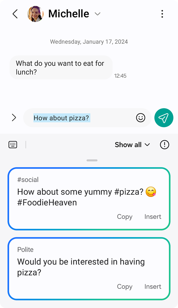 A draft text message is written into the send bar. How about pizza? Chat Assist suggests alternative phrasing in different tones. Social tone says, How about some yummy hashtag pizza. Yum emoji. Hashtag foodie heaven. Polite tone says, Would you be interested in having pizza?