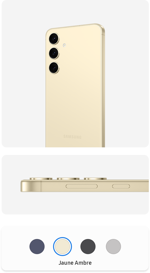 Deux appareils de la gamme Galaxy S24 en Jaune ambre. L’un est debout et vu de l’arrière. L’autre téléphone est vu de côté pour montrer les bords du cadre.