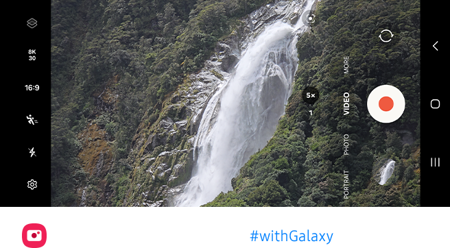 In the view finder of the Camera app, a waterfall is being recorded in 8K resolution at 5x zoom. The video is steady and rich in detail.