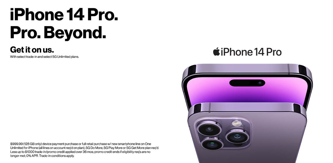 Get up to $1,000 off iPhone 14 Pro Max w/trade-in on select unlimited plan.