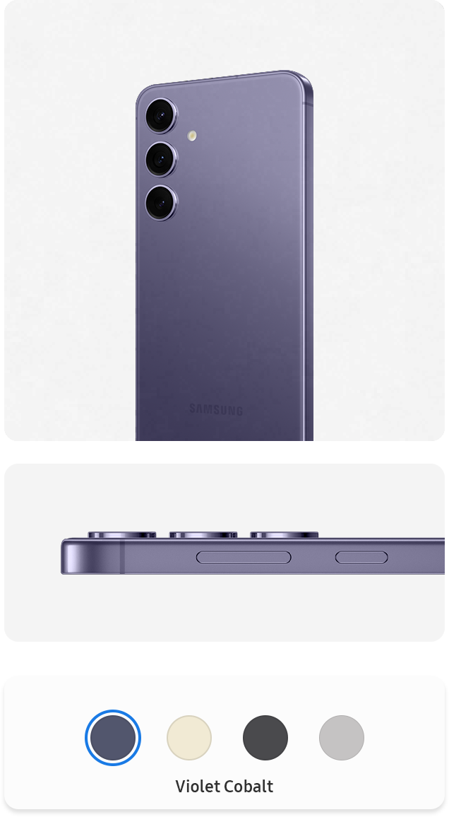 Deux appareils de la gamme Galaxy S24 en Violet cobalt. L’un est debout, vu de l’arrière. L’autre téléphone est vu de côté pour montrer les bords du cadre.