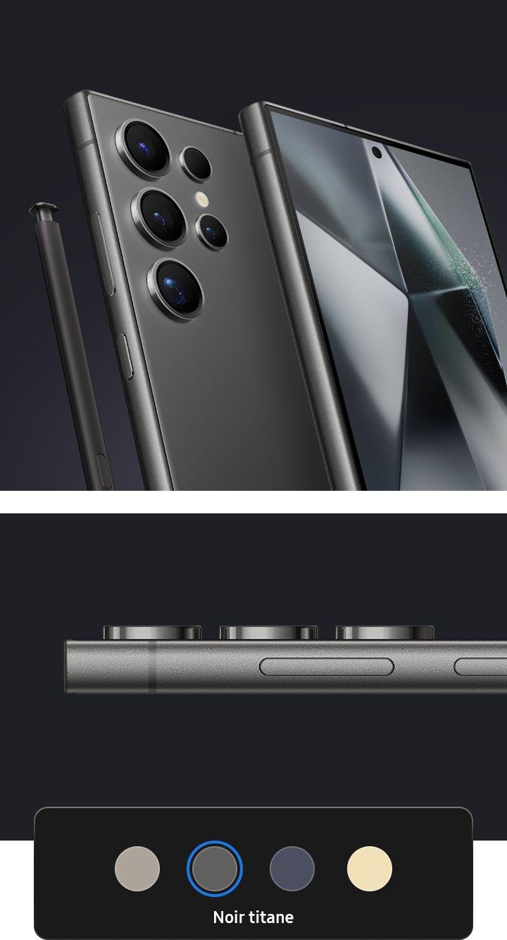 Trois appareils Galaxy S24 Ultra en noir titane. Deux sont montrés ensemble, l’un vu de l’avant et l’autre de l’arrière avec le stylet S Pen à côté. Un autre téléphone est vu de côté pour montrer les bords du cadre.